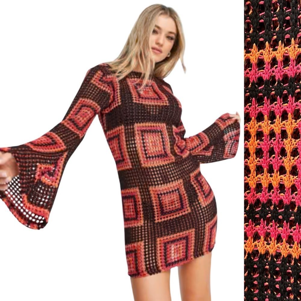 ASOS Crochet Flare Sleeve Sheer Open Weave Vintage Look Mini Dress NWT NEW 14 XL